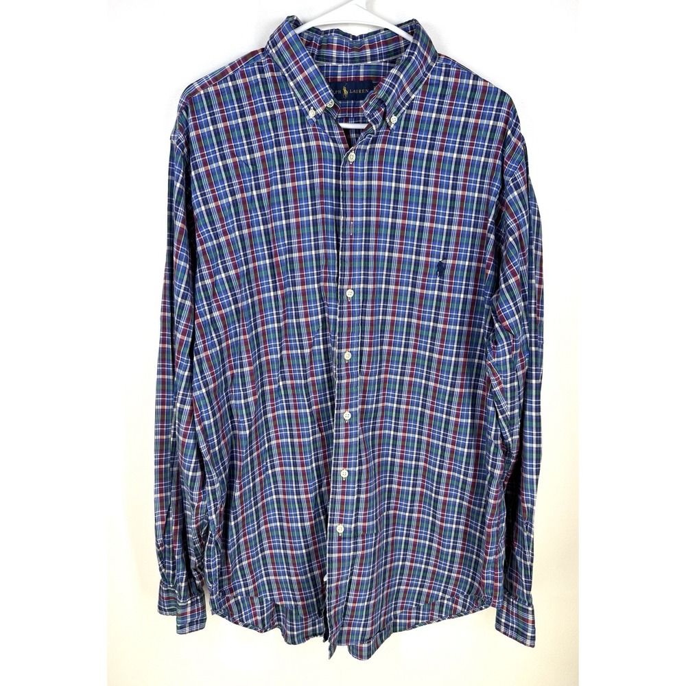Ralph Lauren Men's Large Tall Plaid Button Down Shirt Blue Long Sleeve Pony Logo